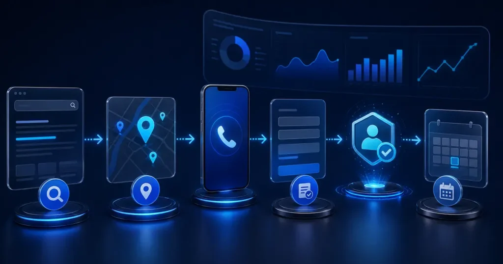 SEO lead-tracking workflow connecting local search visits with calls and contact forms