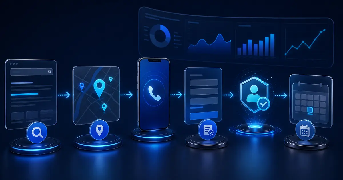 SEO lead-tracking workflow connecting local search visits with calls and contact forms