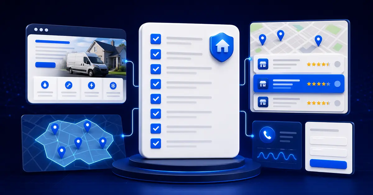 Local SEO checklist showing a home service website, Google Maps profile, reviews and lead tracking