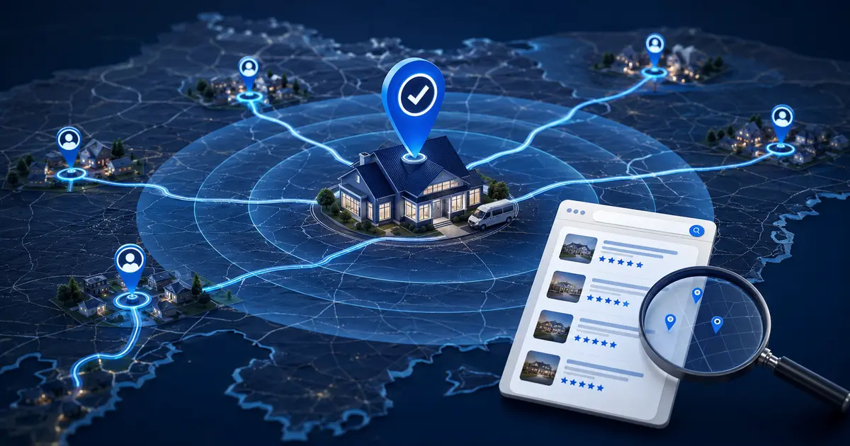 Service-area SEO map showing visibility beyond a home service company’s main city